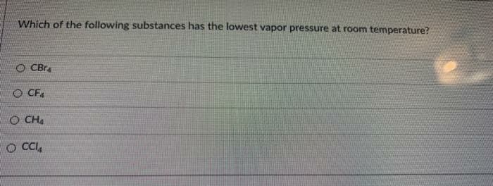 Which of the following substances has the lowest vapor pressure at room temperature?
O CBra
O CFA
O CHa
O CCI,

