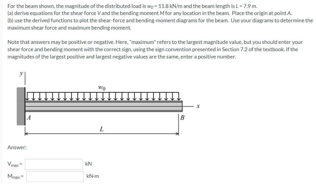 For the beam shown, the magnitude of the distributed load is wo = 11.8 kN/m and the beam length is L = 7.9 m.
(a) derive equations for the shear force Vand the bending moment M for any location in the beam. Place the origin at point A.
(b) use the derived functions to plot the shear-force and bending-moment diagrams for the beam. Use your diagrams to determine the
maximum shear force and maximum bending moment.
Note that answers may be positive or negative. Here, "maximum" refers to the largest magnitude value, but you should enter your
shear force and bending moment with the correct sign, using the sign convention presented in Section 7.2 of the textbook. If the
magnitudes of the largest positive and largest negative values are the same, enter a positive number.
Wo
A
В
L.
Answer:
Vmax =
kN
Mmax
kN•m
