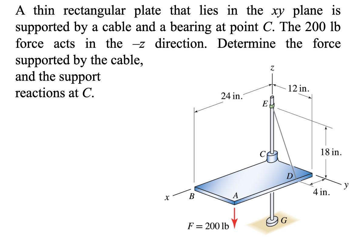 A thin rectangular plate that lies in the xy plane is
supported by a cable and a bearing at point C. The 200 lb
force acts in the -z direction. Determine the force
supported by the cable,
and the support
reactions at C.
X
B
24 in.
F = 200 lb
A
E
Z
12 in.
D
G
18 in.
4 in.