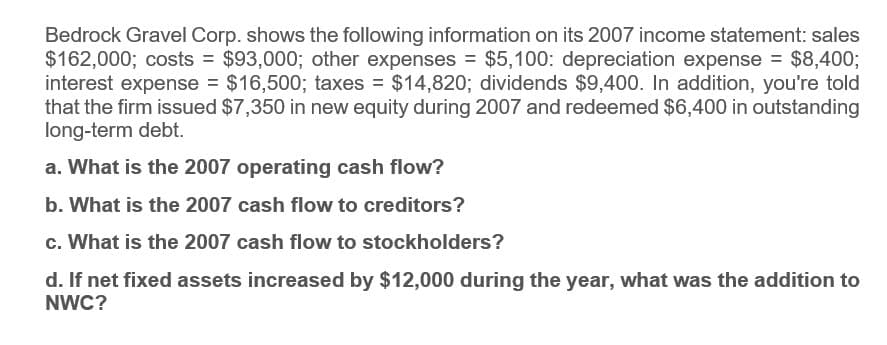 Bedrock Gravel Corp. shows the following information on its 2007 income statement: sales
$162,000; costs = $93,000; other expenses = $5,100: depreciation expense = $8,400;
interest expense = $16,500; taxes = $14,820; dividends $9,400. In addition, you're told
that the firm issued $7,350 in new equity during 2007 and redeemed $6,400 in outstanding
long-term debt.
a. What is the 2007 operating cash flow?
b. What is the 2007 cash flow to creditors?
c. What is the 2007 cash flow to stockholders?
d. If net fixed assets increased by $12,000 during the year, what was the addition to
NWC?