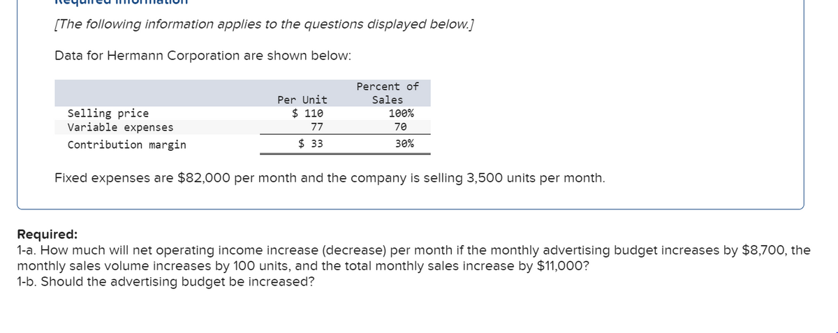 [The following information applies to the questions displayed below.]
Data for Hermann Corporation are shown below:
Percent of
Per Unit
Sales
$ 110
Selling price
Variable expenses
100%
77
70
Contribution margin
$ 33
30%
Fixed expenses are $82,000 per month and the company is selling 3,500 units per month.
Required:
1-a. How much will net operating income increase (decrease) per month if the monthly advertising budget increases by $8,700, the
monthly sales volume increases by 100 units, and the total monthly sales increase by $11,000?
1-b. Should the advertising budget be increased?
