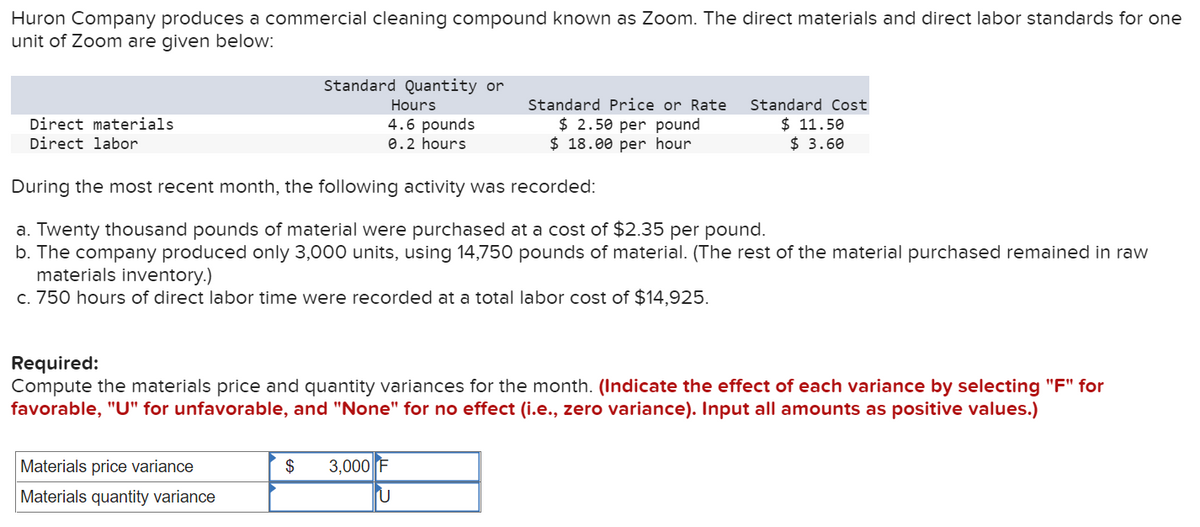 Huron Company produces a commercial cleaning compound known as Zoom. The direct materials and direct labor standards for one
unit of Zoom are given below:
Standard Quantity or
Hours
Standard Price or Rate
Standard Cost
$ 2.50 per pound
$ 18.00 per hour
$ 11.50
$ 3.60
Direct materials
4.6 pounds
Direct labor
0.2 hours
During the most recent month, the following activity was recorded:
a. Twenty thousand pounds of material were purchased at a cost of $2.35 per pound.
b. The company produced only 3,000 units, using 14,750 pounds of material. (The rest of the material purchased remained in raw
materials inventory.)
c. 750 hours of direct labor time were recorded at a total labor cost of $14,925.
Required:
Compute the materials price and quantity variances for the month. (Indicate the effect of each variance by selecting "F" for
favorable, "U" for unfavorable, and "None" for no effect (i.e., zero variance). Input all amounts as positive values.)
Materials price variance
$
3,000 F
Materials quantity variance
