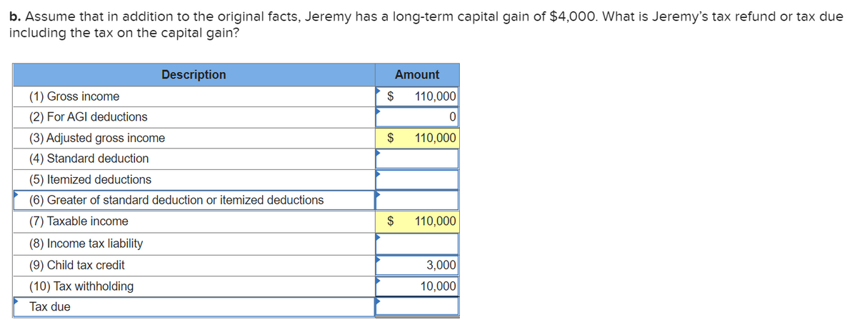 b. Assume that in addition to the original facts, Jeremy has a long-term capital gain of $4,000. What is Jeremy's tax refund or tax due
including the tax on the capital gain?
Description
Amount
(1) Gross income
$
110,000
(2) For AGI deductions
(3) Adjusted gross income
$
110,000
(4) Standard deduction
(5) Itemized deductions
(6) Greater of standard deduction or itemized deductions
(7) Taxable income
2$
110,000
(8) Income tax liability
(9) Child tax credit
3,000
(10) Tax withholding
10,000
Tax due

