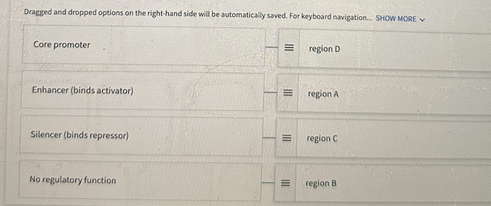 Dragged and dropped options on the right-hand side will be automatically saved. For keyboard navigation... SHOW MORE ✓
Core promoter
Enhancer (binds activator)
Silencer (binds repressor)
No regulatory function
=
H
=
region D
region A
region C
region B