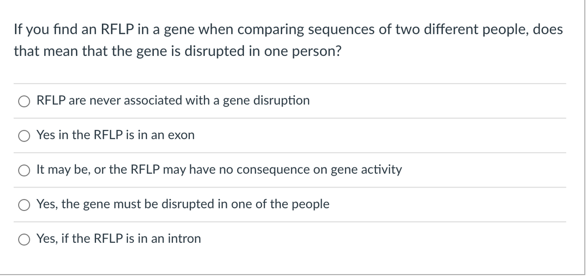 you find an RFLP in a gene when comparing sequences of two different people, does
that mean that the gene is disrupted in one person?
RFLP are never associated with a gene disruption
Yes in the RFLP is in an exon
It may be, or the RFLP may have no consequence on gene activity
Yes, the gene must be disrupted in one of the people
Yes, if the RFLP is in an intron
