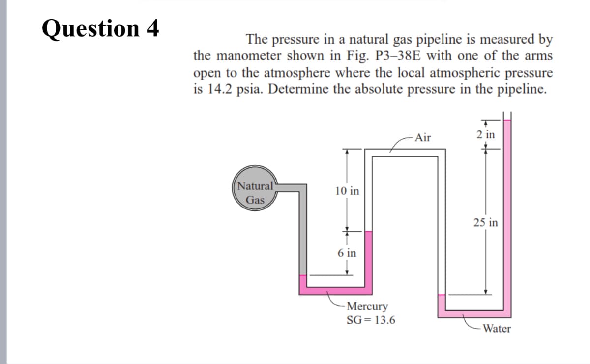 Question 4
The pressure in a natural gas pipeline is measured by
the manometer shown in Fig. P3–38E with one of the arms
open to the atmosphere where the local atmospheric pressure
is 14.2 psia. Determine the absolute pressure in the pipeline.
- Air
2 in
(Natural
Gas
10 in
25 in
6 in
Mercury
SG= 13.6
Water
