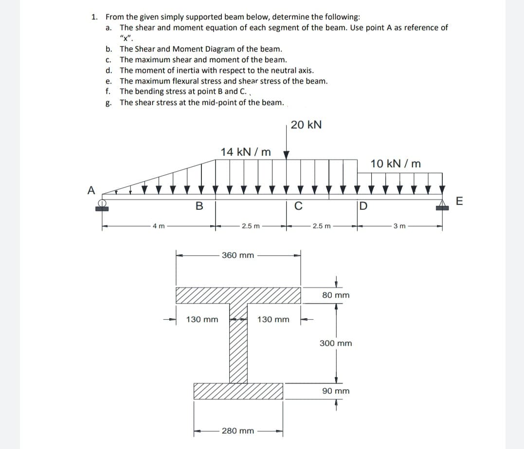 1. From the given simply supported beam below, determine the following:
a.
The shear and moment equation of each segment of the beam. Use point A as reference of
"x".
b. The Shear and Moment Diagram of the beam.
с.
The maximum shear and moment of the beam.
d. The moment of inertia with respect to the neutral axis.
e. The maximum flexural stress and shear stress of the beam.
The bending stress at point B and C.,
g. The shear stress at the mid-point of the beam.
f.
20 kN
14 kN / m
10 kN / m
A
E
C
4 m
2.5 m
2.5 m
3 m
360 mm
80 mm
130 mm
130 mm
300 mm
90 mm
280 mm
