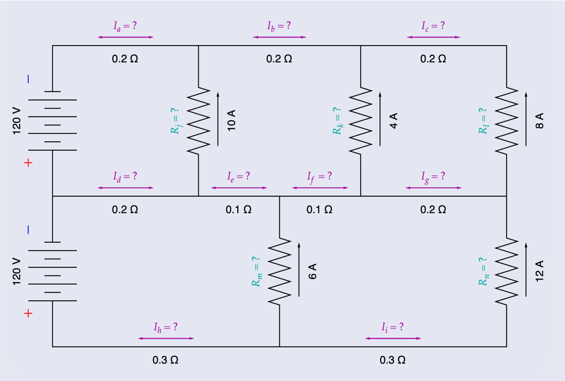 I, = ?
Iz = ?
I = ?
0.2 Q
0.2 Q
0.2 Q
Ia = ?
I = ?
I; = ?
!3 = ?
0.2 Q
0.1 Q
0.1 Q
0.2 Q
I, = ?
I; = ?
0.3 Q
0.3 0
A 07
+
+
R; = ?
10 A
6 A
4 A
i = "y
R1=?
ww
12 A
ww
8 A
