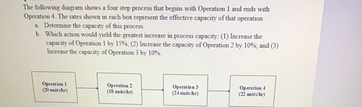 The following diagram shows a four step process that begins with Operation 1 and ends with
Operation 4. The rates shown in each box represent the effective capacity of that operation
a. Determine the capacity of this process.
b. Which action would yield the greatest increase in process capacity: (1) Increase the
capacity of Operation 1 by 15%; (2) Increase the capacity of Operation 2 by 10%; and (3)
Increase the capacity of Operation 3 by 10%.
Operation 1
(20 units/hr)
Operation 2
(18 units/hr)
Operation 3
(24 units/hr)
Opera tion 4
(22 umits/hr)
