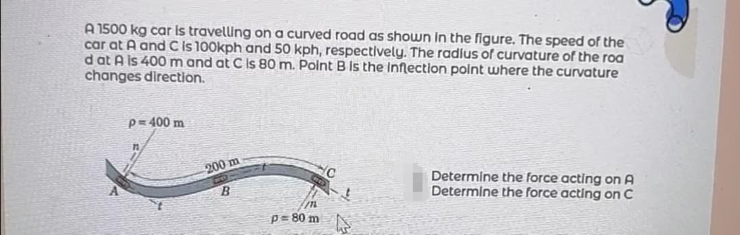 A 1500 kg car Is travelling on a curved road as showwn in the figure. The speed of the
car at A and C is 100kph and 50 kph, respectively. The radlus of curvature of the roa
d at A is 400m and at C Is 80 m. Polnt B is the Inflection point where the curvature
changes direction.
p= 400 m
200 m
Determine the force acting on A
Determine the force acting on C
B.
p= 80 m
