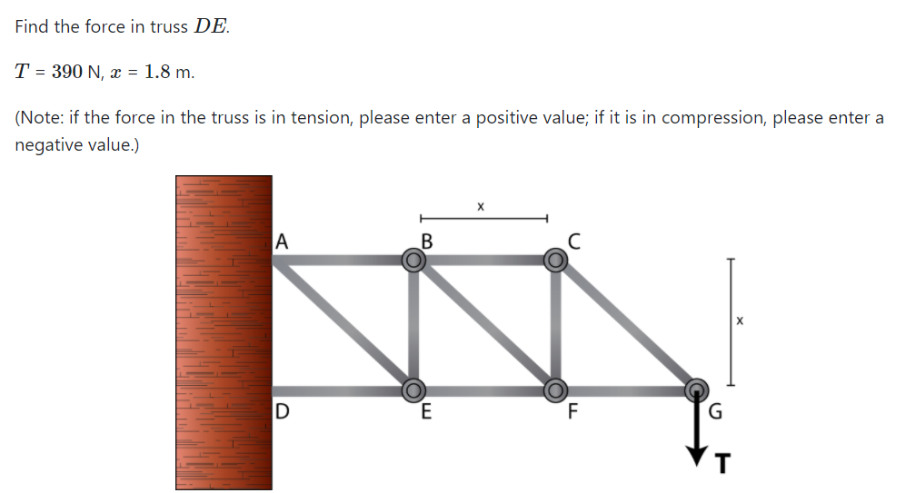 Find the force in truss DE.
T = 390 N, x = 1.8 m.
(Note: if the force in the truss is in tension, please enter a positive value; if it is in compression, please enter a
negative value.)
A
F
