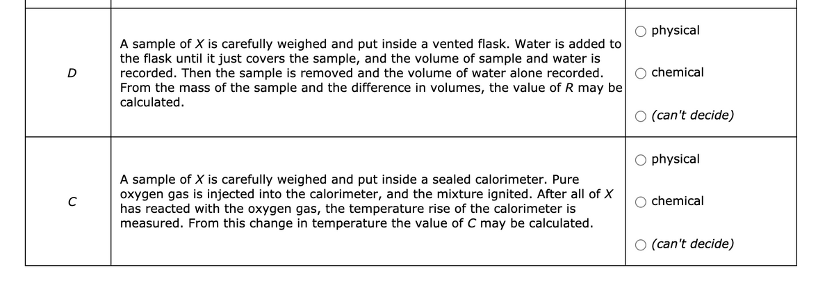physical
A sample of X is carefully weighed and put inside a vented flask. Water is added to
the flask until it just covers the sample, and the volume of sample and water is
recorded. Then the sample is removed and the volume of water alone recorded.
From the mass of the sample and the difference in volumes, the value of R may be
calculated.
chemical
(can't decide)
physical
A sample of X is carefully weighed and put inside a sealed calorimeter. Pure
oxygen gas is injected into the calorimeter, and the mixture ignited. After all of X
has reacted with the oxygen gas, the temperature rise of the calorimeter is
measured. From this change in temperature the value of C may be calculated.
C
chemical
(can't decide)
