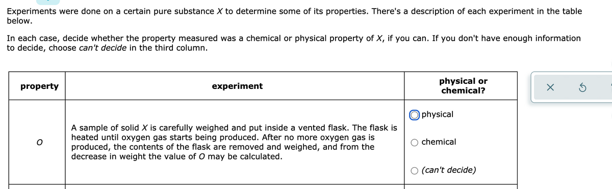 Experiments were done on a certain pure substance X to determine some of its properties. There's a description of each experiment in the table
below.
In each case, decide whether the property measured was a chemical or physical property of X, if you can. If you don't have enough information
to decide, choose can't decide in the third column.
physical or
chemical?
property
experiment
physical
A sample of solid X is carefully weighed and put inside a vented flask. The flask is
heated until oxygen gas starts being produced. After no more oxygen gas is
produced, the contents of the flask are removed and weighed, and from the
decrease in weight the value of O may be calculated.
chemical
(can't decide)

