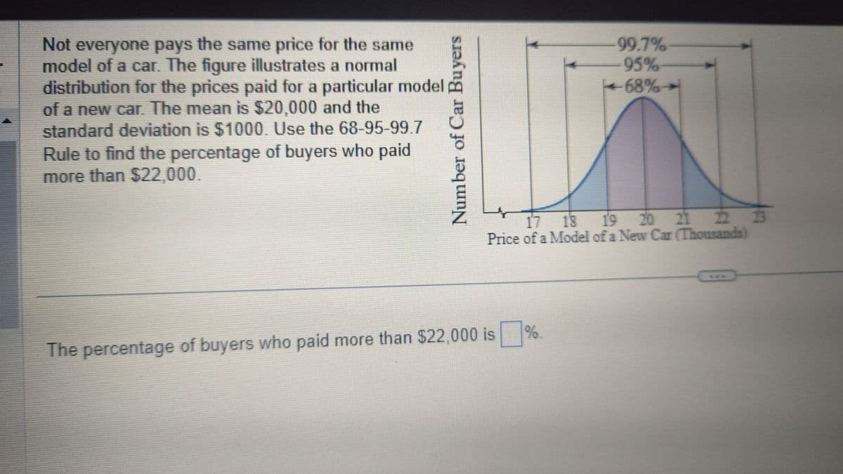 Not everyone pays the same price for the same
model of a car. The figure illustrates a normal
distribution for the prices paid for a particular model
of a new car. The mean is $20,000 and the
standard deviation is $1000. Use the 68-95-99.7
Rule to find the percentage of buyers who paid
more than $22,000.
Number of Car Buyers
17 18 19 20 21 22 23
Price of a Model of a New Car (Thousands)
The percentage of buyers who paid more than $22,000 is
-99.7%-
95%-
68%
%.