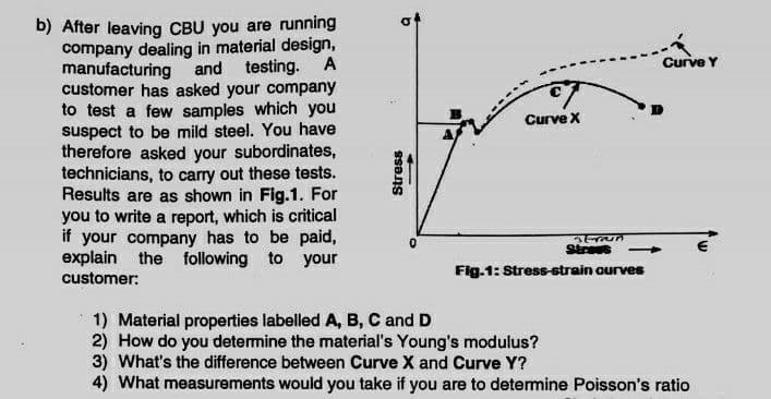 b) After leaving CBU you are running
company dealing in material design,
manufacturing
customer has asked your company
to test a few samples which you
suspect to be mild steel. You have
therefore asked your subordinates,
technicians, to carry out these tests.
Results are as shown in Fig.1. For
you to write a report, which is critical
if your company has to be paid,
explain the following to your
customer:
and testing.
A
Curve Y
Curve X
Stres
Fig.1: Stress-strain ourves
1) Material properties labelled A, B, C and D
2) How do you detemine the material's Young's modulus?
3) What's the difference between Curve X and Curve Y?
4) What measurements would you take if you are to determine Poisson's ratio
Stress
