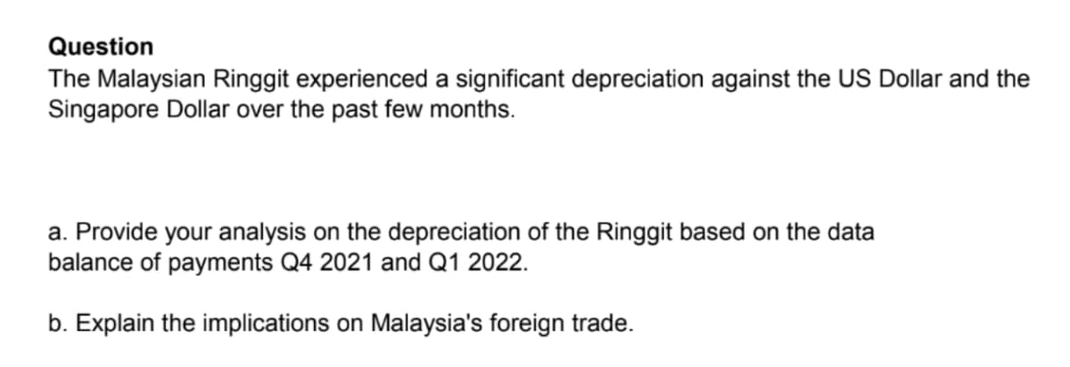 Question
The Malaysian Ringgit experienced a significant depreciation against the US Dollar and the
Singapore Dollar over the past few months.
a. Provide your analysis on the depreciation of the Ringgit based on the data
balance of payments Q4 2021 and Q1 2022.
b. Explain the implications on Malaysia's foreign trade.