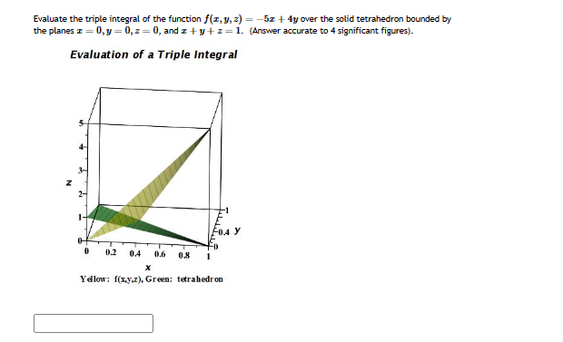 Evaluate the triple integral of the function f(x, y, z) = -5x+4y over the solid tetrahedron bounded by
the planes z = 0, y = 0,z=0, and z+y+z = 1. (Answer accurate to 4 significant figures).
Evaluation of a Triple Integral
0
0.2 04
0.6 0.8
1
x
F04 Y
Yellow: f(x,y,z), Green: tetrahedron