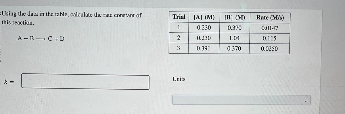 -Using the data in the table, calculate the rate constant of
this reaction.
A+B C+D
k =
Trial
[A] (M)
[B] (M)
Rate (M/s)
1
0.230
0.370
0.0147
2
0.230
1.04
0.115
3
0.391
0.370
0.0250
Units