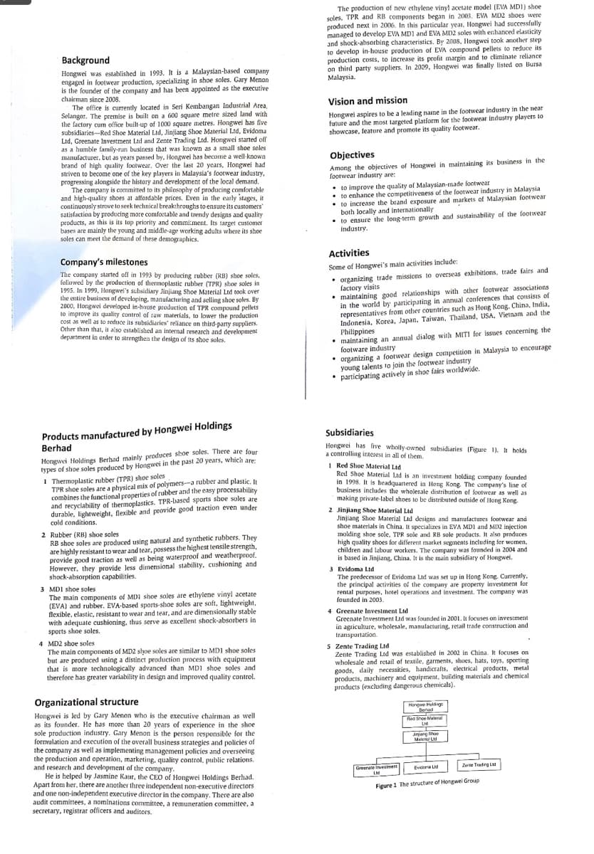 The production of new ethylene viny! acetate model (EVA MDI) shoe
soles. TPR and RB components began in 2003. EVA MD2 shoes were
produced next in 2006. In this particular year, Hongwei had successfully
managed to develop EVA MD1 and EVA MD2 soles with enhanced elasticity
and shock-absorbing characteristics. By 2008, Hongwei took another step
to develop in-house production of EVA compound pellets to reduce its
production costs, to increase its profit margin and to climinate reliance
on third party suppliers. In 2009, Hongwei was finally listed on Bursa
Malaysia.
Background
Hongwei was established in 1993. It is a Malayslan-based company
engaged in footwear production, specializing in shoe soles. Gary Menon
is the founder of the company and has been appointed as the executive
chairman since 2008.
The office is currently located in Seri Kembangan Industrial Area,
Selangor. The premise is built on a 600 square metre sized land with
the factory cum office built-up of 1000 square metres. Hongwei has five
subsidiaries-Red Shoe Material Ltd, Jinjiang Shoe Material Ltd, Evidoma
Lid, Greenate Investment Ltd and Zente Trading Ltd. Hongwei started off
as a humble family-run business that was known as a small shoe soles
manufacturer, but as years passed by, Hongwei has become a well-known
brand of high quality footwear. Over the last 20 years, Hongwei had
striven to become one of the key players in Malaysia's footwear industry,
progressing alongside the history and development of the local demand.
The company is committed to its philosophy of producing comfortable
and high-quality shoes at affordable prices. Even in the early stages, it
continuously strove to seek technical breakthroughs to ensure its customers
satisfaction by producing more comfortable and trendy designs and quality
products, as this is its top priority and commi:ment. Its target customer
bases are mainly the young and middle-age working adults where its shoe
soles can meet the demand of these demographics.
Vision and mission
Hongwei aspires to be a leading name in the footwear industry in the near
future and the most targeted platform for the footwear industry players to
showcase, feature and promote its quality footwear.
Objectives
Among the objectives of Hongwei in maintaining its business in the
footwear industry are:
• to improve the quality of Malaysian-made footwear
• to enhance the competitiveness of the footwear industry in Malaysia
to increase the brand exposure and markets of Malaysian footwear
both Jocally and internationally
• to ensure the long-term growth and sustainability of the footwear
industry.
Activities
Company's milestones
Some of Hongwei's main activities include:
The company started off in 1993 by producing rubber (RB) shoe soles,
followed by the production of thermoplastic rubber (TPR) shoe soles in
1995. In 1999, Hangwei's subsidiary Jinjiang Shoe Material Ltd took over
the entire business of developing, manufacturing and selling shoe soles. By
2000, Hongwei developed in-house production of TPR compound pellets
to improve its quality control of raw materials, to lower the production
cost as well as to reduce its subsidiaries' reliance on third-party suppliers.
Other than that, it also established an internal research and development
department in arder to strengthen the design of ts shoe soles.
organizing trade missions to overseas exhibitions, trade fairs and
factory visits
• maintaining good relationships with other footwear associations
in the world by participating in annual conferences that consisis of
representatives from other countries such as Hong Kong. China, India,
Indonesia, Korea, Japan, Taiwan, Thailand, USA, Vietnam and the
Philippines
• maintaining an annual dialog with MITI for issues concerning the
footware industry
organizing a footwear design cumpetition in Malaysia to encourage
young talents to join the footwear industry
participating actively in shoe fairs worldwide.
Products manufactured by Hongwei Holdings
Berhad
Subsidiaries
Hongwei Holdings Berhad mainly produces shoe soles. There are four
types of shoe soles produced by Hongwei in the past 20 years, which are
1 Thermoplastic rubber (TPR) shoe soles
TPR shoe soles are a physical mix of polymers-a rubber and plastic, It
combines the functional properties of rubber and the easy processability
and recyclability of thermoplastics. TPR-based sports shoe soles are
durable, lightweight, flexible and provide good traction even under
cold conditions.
Hongwei has five wholly owned subsidiaries (Figure 1). It holds
a controlling interest in all of them.
1 Red Shoe Material Ltd
Red Shoe Material Ltd is an investment holding company founded
in 1998. It is headquartered in Heng Kong. The company's line of
business includes the wholesale distribution of footwear as well as
making private-label shoes to be distributed outside of Hong Kong.
2 Jinjiang Shoe Material Ltd
Jinjiang Shoe Material Ltd designs and manufactures fotwear and
shoe materials in China. It specializes in EVA MDI and MD2 injection
molding shoe sole, TPR sole and RB sole products. It also produces
high quality shoes for different market segments including for women.
children and labour workers. The company was founded in 2004 and
is based in Jinjiang, China. It is the main subsidiary of Hongwel.
3 Evidoma Ltd
The predecessor of Evidoma Ltd was set up in Hong Kong. Currently,
the principal activities of the company are property investment for
rental purposes, hotel operations and investment. The company was
founded in 2003.
2 Rubber (RB) shoe soles
RB shoe soles are produced using natural and synthetic rubbers. They
are highly resistant to wear and tear, possess the highest tensile strength,
provide good traction as well as being waterproof and weatherproof.
However, they provide less dimensional stability. cushioning and
shock-absorption capabilities.
3 MDI shoe soles
The main components of MDI shoe soles are ethylene vinyl acetate
(EVA) and rubber. EVA-based sports-shoe soles are soft, lightweight,
flexible, elastic, resistant to wear and tear, and are dimensionally stable
with adequate cushioning, thus serve as excellent shock-absorbers in
sports shoe soles.
4 Greenate Investment Ltd
Greenate Investment Ltd was founded in 2001. It focuses on investment
agriculture, wholesale, manufacturing, retail trade construction and
transportation.
MD2 shoe soles
The main components of MD2 slhoe soles are similar to MDI shoe soles
but are produced using a distinct production process with equipment
that is more technologically advanced than MDI shoe soles and
therefore has greater variability in design and improved quality control.
5 Zente Trading Ltd
Zente Trading Ltd was established in 2002 in China. It focuses on
wholesale and retail of textile, garments, shoes, hats, toys, sporting
goods, daily necessities, handicrafts, electrical products, metal
products, machinery and equipment, building materials and chemical
products (excluding dangerous chemicals).
Organizational structure
Hongwe Hakings
Bered
Hongwei is led by Gary Menon who is the executive chairman as well
as its founder. He has more than 20 years of experience in the shoe
sole production industry. Gary Menon is the person responsible for the
formulation and execution of the overall business strategies and policies of
the company as well as implementing management policies and overseeing
the production and operation, marketing, quality control, public relations.
and research and development of the company.
He is helped by Jasmine Kaur, the CEO of Hongwei Holdings Berhad.
Apart from her, there are another three independent non-executive directors
and one non-independent executive director in the company. There are also
audit committees, a nominations committee, a remuneration committee, a
secretary, registrar officers and auditors.
RedSnce Matenal
L
Jnjeng fihoe
Miter Ld
Greenate Invesment
Evicora Lid
Zerte Tradrg Ld
Figure 1 The structure of Hongwei Group
