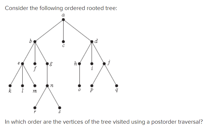 Consider the following ordered rooted tree:
a
d
In which order are the vertices of the tree visited using a postorder traversal?

