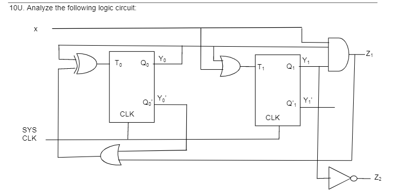 10U. Analyze the following logic circuit:
X
To
Yo
Qo
T1
Qo
Yo'
Q',
CLK
CLK
SYS
CLK
Z2

