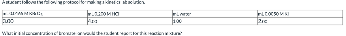 A student follows the following protocol for making a kinetics lab solution.
mL 0.0165 M KBrO3
3.00
mL 0.200 M HCI
4.00
mL water
1.00
What initial concentration of bromate ion would the student report for this reaction mixture?
mL 0.0050 M KI
2.00