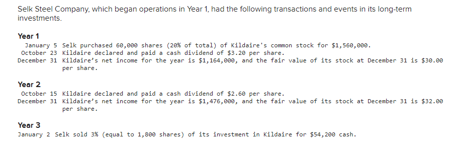 Selk Steel Company, which began operations in Year 1, had the following transactions and events in its long-term
investments.
Year 1
January 5 Selk purchased 60,000 shares (20% of total) of Kildaire's common stock for $1,560,000.
October 23 Kildaire declared and paid a cash dividend of $3.20 per share.
December 31 Kildaire's net income for the year is $1,164,000, and the fair value of its stock at December 31 is $30.00
per share.
Year 2
October 15 Kildaire declared and paid a cash dividend of $2.60 per share.
December 31 Kildaire's net income for the year is $1,476,000, and the fair value of its stock at December 31 is $32.00
per share.
Year 3
January 2 Selk sold 3% (equal to 1,800 shares) of its investment in Kildaire for $54,200 cash.