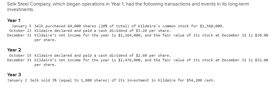 Selk Steel Company, which began operations in Year 1, had the following transactions and events in its long-term
investments.
Year 1
January 5 Selk purchased 60,000 shares (20% of total) of Kildaire's common stock for $1,560,000.
October 23 Kildaire declared and paid a cash dividend of $3.20 per share.
December 31 Kildaire's net income for the year is $1,164,000, and the fair value of its stock at December 31 is $30.00
per share.
Year 2
October 15 Kildaire declared and paid a cash dividend of $2.60 per share.
December 31 Kildaire's net income for the year is $1,476,000, and the fair value of its stock at December 31 is $32.00
per share.
Year 3
January 2 Selk sold 3% (equal to 1,800 shares) of its investment in Kildaire for $54,200 cash.