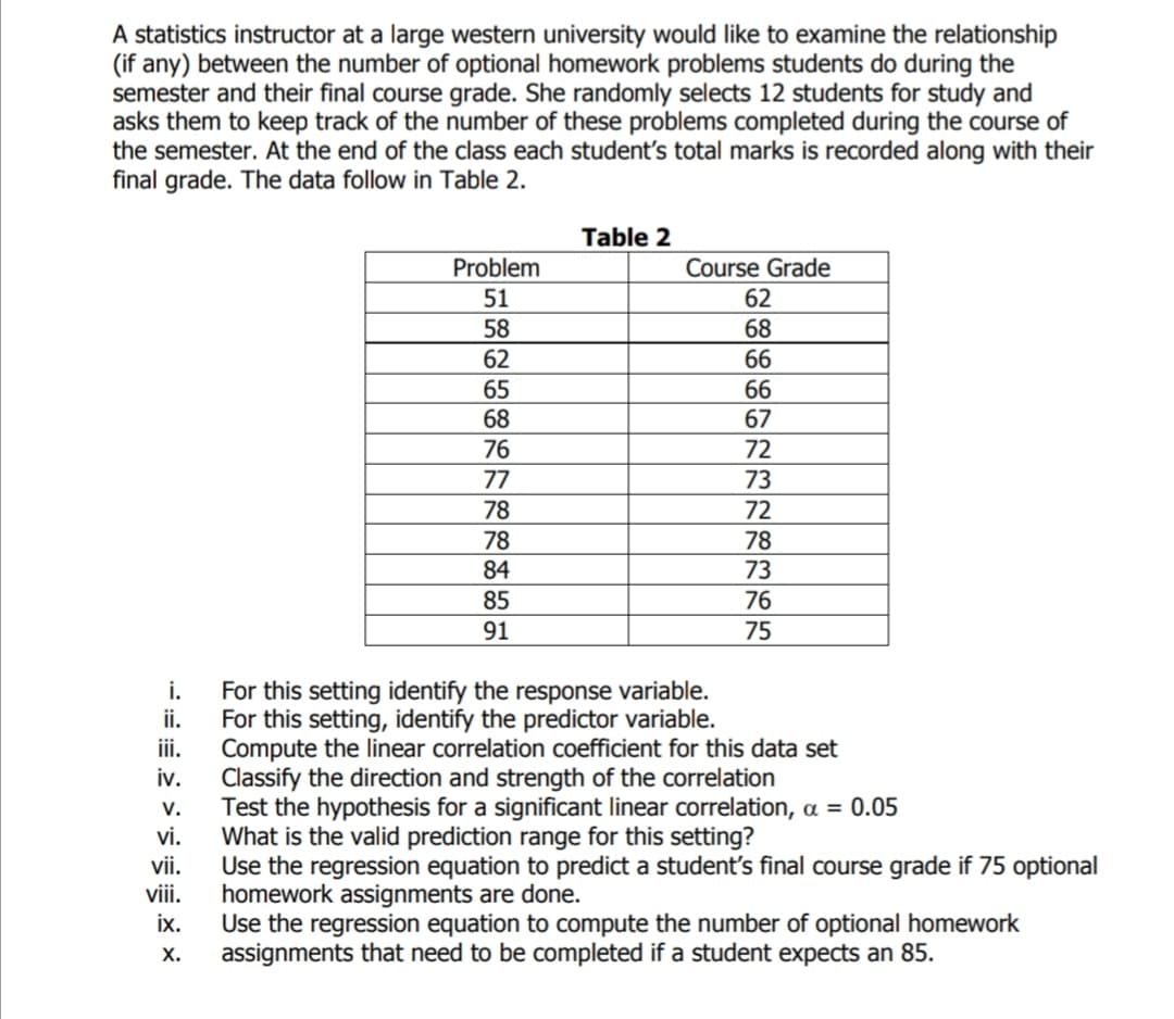 A statistics instructor at a large western university would like to examine the relationship
(if any) between the number of optional homework problems students do during the
semester and their final course grade. She randomly selects 12 students for study and
asks them to keep track of the number of these problems completed during the course of
the semester. At the end of the class each student's total marks is recorded along with their
final grade. The data follow in Table 2.
Table 2
Problem
Course Grade
51
62
58
68
62
66
65
66
67
68
76
72
77
73
78
72
78
78
84
73
85
76
91
75
For this setting identify the response variable.
i.
i.
For this setting, identify the predictor variable.
Compute the linear correlation coefficient for this data set
iv.
ii.
Classify the direction and strength of the correlation
Test the hypothesis for a significant linear correlation, a = 0.05
What is the valid prediction range for this setting?
Use the regression equation to predict a student's final course grade if 75 optional
homework assignments are done.
Use the regression equation to compute the number of optional homework
assignments that need to be completed if a student expects an 85.
V.
vi.
vii.
vii.
ix.
х.

