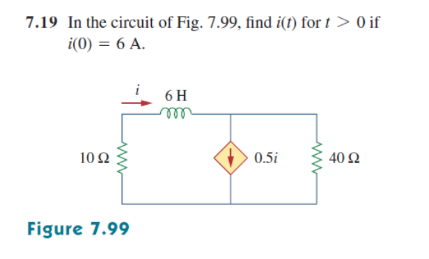 7.19 In the circuit of Fig. 7.99, find i(t) for t > 0 if
i(0) = 6 A.
%3D
6 H
l
10 Ω
0.5i
40 Ω
Figure 7.99
