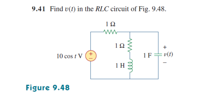 9.41 Find v(f) in the RLC circuit of Fig. 9.48.
10
10 cos t V
1F=v(t)
1 H
Figure 9.48
+
ell w
