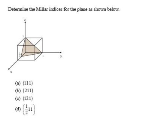 Determine the Millar indices for the plane as shown below.
(a) (111)
(b) (211)
(c) (121)
(d)