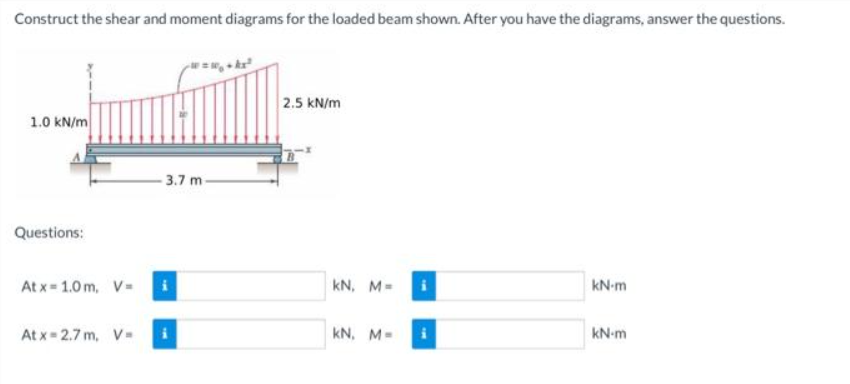 Construct the shear and moment diagrams for the loaded beam shown. After you have the diagrams, answer the questions.
1.0 kN/m
Questions:
3.7 m-
Atx=1.0m, V- i
Atx=2.7m, V=
2.5 kN/m
kN, M=
KN. M-
kN-m
kN-m