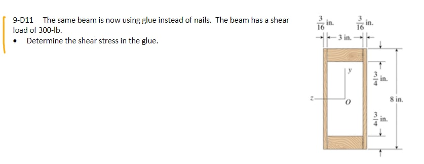 9-D11 The same beam is now using glue instead of nails. The beam has a shear
in.
in.
16
load of 300-lb.
Determine the shear stress in the glue.
3 in.
in.
8 in.
in.
