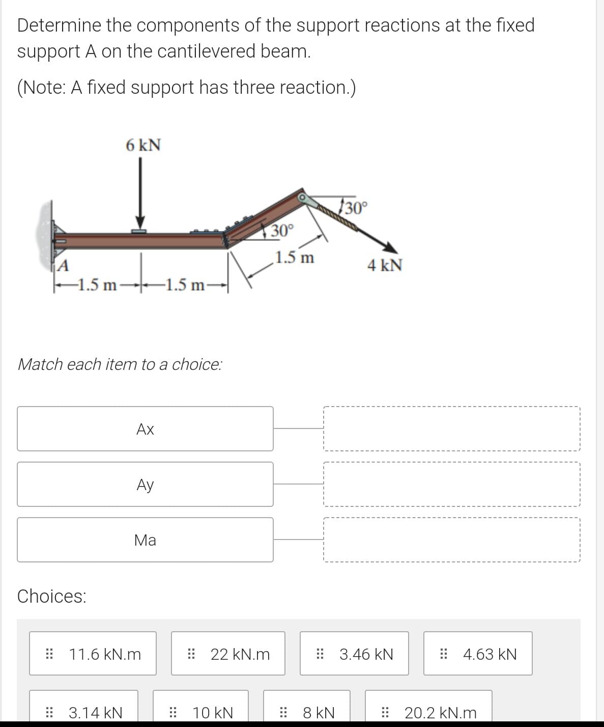 Determine the components of the support reactions at the fixed
support A on the cantilevered beam.
(Note: A fixed support has three reaction.)
6 kN
30°
30°
1.5 m
4 kN
–1.5 m––1.5 m-
Match each item to a choice:
Ах
Ay
Ма
Choices:
: 11.6 kN.m
22 kN.m
: 3.46 kN
: 4.63 kN
: 3.14 kN
: 10 kN
: 8 KN
: 20.2 kN.m
:::
