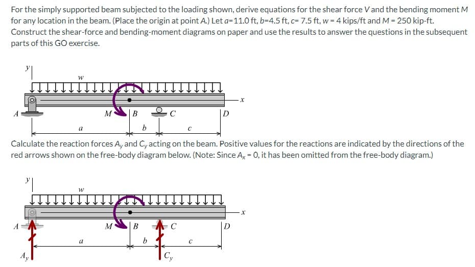 For the simply supported beam subjected to the loading shown, derive equations for the shear force V and the bending moment M
for any location in the beam. (Place the origin at point A.) Let a=11.0 ft, b-4.5 ft, c= 7.5 ft, w = 4 kips/ft and M = 250 kip-ft.
Construct the shear-force and bending-moment diagrams on paper and use the results to answer the questions in the subsequent
parts of this GO exercise.
27
W
Ay
a
b
Calculate the reaction forces Ay and Cy acting on the beam. Positive values for the reactions are indicated by the directions of the
red arrows shown on the free-body diagram below. (Note: Since Ax = 0, it has been omitted from the free-body diagram.)
W
M
a
B
M
C
b
C
C₂
C
-X