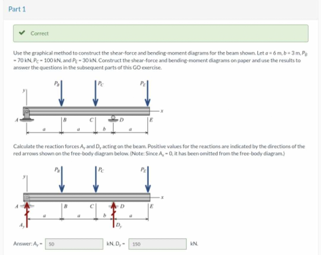 Part 1
Correct
Use the graphical method to construct the shear-force and bending-moment diagrams for the beam shown. Let a=6 m, b= 3 m, Pg
-70 kN, P-100 kN, and PE-30 kN. Construct the shear-force and bending-moment diagrams on paper and use the results to
answer the questions in the subsequent parts of this GO exercise.
a
Answer: A-
B
50
B
C
Calculate the reaction forces A, and D, acting on the beam. Positive values for the reactions are indicated by the directions of the
red arrows shown on the free-body diagram below. (Note: Since A,-0, it has been omitted from the free-body diagram.)
↓
1
4
b
C
D
b
D
a
Dy
A
x
kN. Dy - 150
kN.