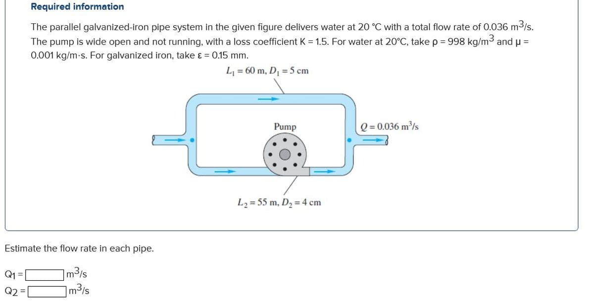 Required information
The parallel galvanized-iron pipe system in the given figure delivers water at 20 °C with a total flow rate of 0.036 m3/s.
The pump is wide open and not running, with a loss coefficient K = 1.5. For water at 20°C, take p = 998 kg/m3 andu =
0.001 kg/m-s. For galvanized iron, take ɛ = 0.15 mm.
L = 60 m, D, = 5 cm
Pump
Q = 0.036 m/s
L2= 55 m, D2 = 4 cm
Estimate the flow rate in each pipe.
m3/s
m3/s
Q2

