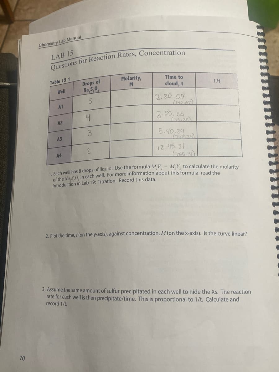 Chemistry Lab Manual
LAB 15
Questions for Reaction Rates, Concentration
Table 15.1
Drops of
Molarity,
M
Time to
Well
Na,5,0,
cloud, t
5
2.20.07
A1
(146.67)
3.55.35
(175.35)
5.40.24
(340.74)
2
A4
12.45.31
(765-31)
1. Each well has 8 drops of liquid. Use the formula M,V, M₂V₂ to calculate the molarity
of the Na S,O, in each well. For more information about this formula, read the
Introduction in Lab 19: Titration. Record this data.
2. Plot the time, / (on the y-axis), against concentration, M (on the x-axis). Is the curve linear?
3. Assume the same amount of sulfur precipitated in each well to hide the Xs. The reaction
rate for each well is then precipitate/time. This is proportional to 1/t. Calculate and
record 1/t.
70
A2
A3
4
3
1/t