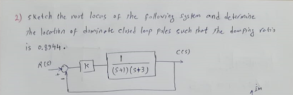 2) sketch the root locus of the following system and determine
The location of dominate closed loop poles such that the demping ratio.
is 0.8944.
R (S)
K
1
(S+)) (s+3)
((S)