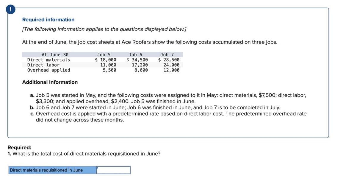 !
Required information
[The following information applies to the questions displayed below.]
At the end of June, the job cost sheets at Ace Roofers show the following costs accumulated on three jobs.
Job 7
$ 28,500
24,000
12,000
At June 30
Direct materials.
Direct labor
Overhead applied
Additional Information
Job 5
$ 18,000
11,000
5,500
Job 6
$ 34,500
17,200
8,600
a. Job 5 was started in May, and the following costs were assigned to it in May: direct materials, $7,500; direct labor,
$3,300; and applied overhead, $2,400. Job 5 was finished in June.
b. Job 6 and Job 7 were started in June; Job 6 was finished in June, and Job 7 is to be completed in July.
c. Overhead cost is applied with a predetermined rate based on direct labor cost. The predetermined overhead rate
did not change across these months.
Direct materials requisitioned in June
Required:
1. What is the total cost of direct materials requisitioned in June?