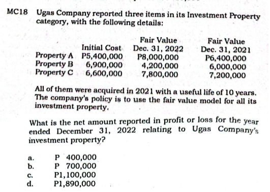 MC18 Ugas Company reported three items in its Investment Property
category, with the following details:
Property A P5,400,000
Property B 6,900,000
Property C 6,600,000
Fair Value
Initial Cost Dec. 31, 2022
P8,000,000
4,200,000
7,800,000
Fair Value
Dec. 31, 2021
P6,400,000
6,000,000
7,200,000
All of them were acquired in 2021 with a useful life of 10 years.
The company's policy is to use the fair value model for all its
investment property.
What is the net amount reported in profit or loss for the year
ended December 31, 2022 relating to Ugas Company's
investment property?
P 400,000
P 700,000
P1,100,000
P1,890,000
a.
b.
C.
d.
