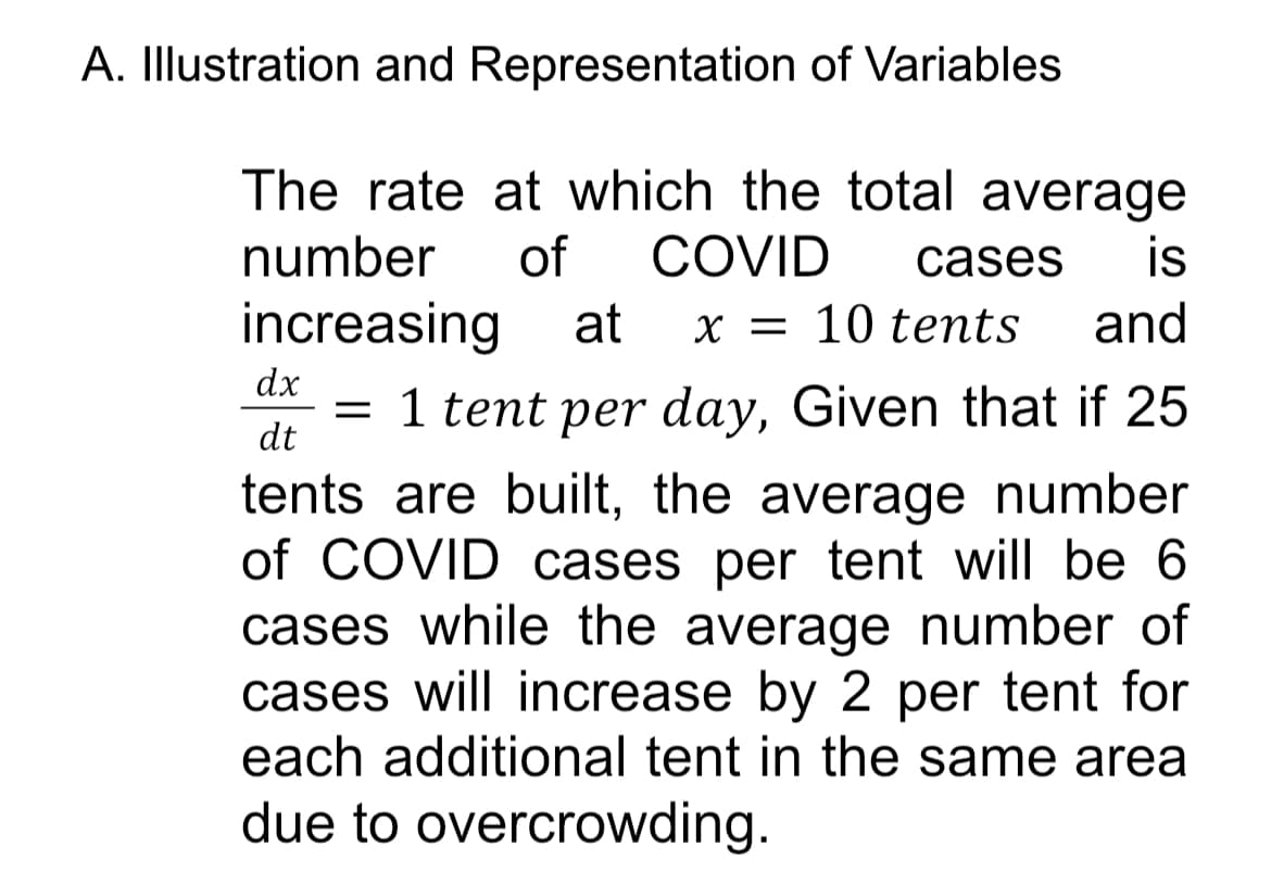 A. Illustration and Representation of Variables
The rate at which the total average
number
of
COVID
cases
is
increasing
at
X = 10 tents
and
dx
= 1 tent per day, Given that if 25
dt
tents are built, the average number
of COVID cases per tent will be 6
cases while the average number of
cases will increase by 2 per tent for
each additional tent in the same area
due to overcrowding.
