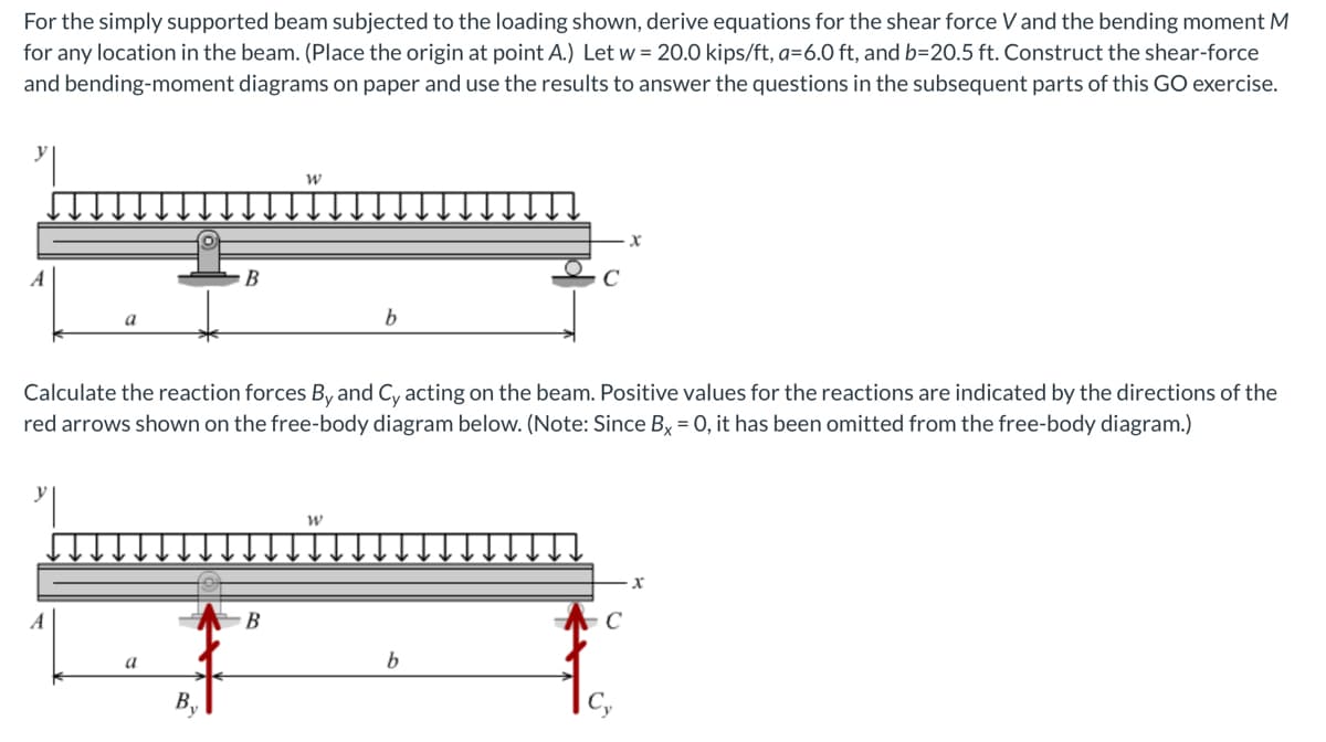 For the simply supported beam subjected to the loading shown, derive equations for the shear force V and the bending moment M
for any location in the beam. (Place the origin at point A.) Let w=20.0 kips/ft, a=6.0 ft, and b=20.5 ft. Construct the shear-force
and bending-moment diagrams on paper and use the results to answer the questions in the subsequent parts of this GO exercise.
y
A
a
A
a
O
B₁
B
Calculate the reaction forces By and Cy acting on the beam. Positive values for the reactions are indicated by the directions of the
red arrows shown on the free-body diagram below. (Note: Since Bx = 0, it has been omitted from the free-body diagram.)
W
B
b
W
b
C
C₂
X