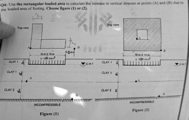Q4: Use the rectangular loaded area to calculate the increase in vertical stresses at points (A) and (B) due to
the loaded area of footing. Choose figure (1) or (2).
Top view
Top view
it.
awT
CLAY 1
CLAY 1
CLAY 2
10m x 10m
150²
INCOMPRESSIBLE
Figure (1)
B
G.W.T
ME
CLAY 1
CLAY 1
CLAY 2
YA
10mX10m
7-15076
INCOMPRESSIBLE
Figure (2)