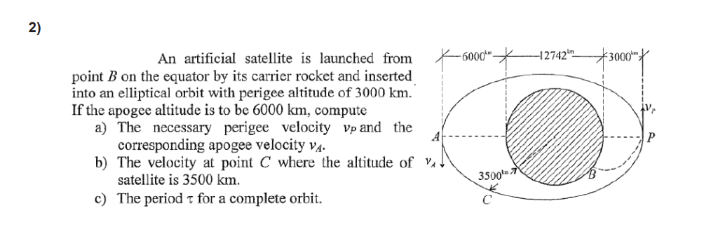 An artificial satellite is launched from -6000™
12742
*3000*
point B on the equator by its carrier rocket and inserted
into an elliptical orbit with perigee altitude of 3000 km.
If the apogee altitude is to be 6000 km, compute
a) The necessary perigee velocity vp and the
corresponding apogee velocity v4.
b) The velocity at point C where the altitude of VA
satellite is 3500 km.
3500
c) The period t for a complete orbit.
2)
