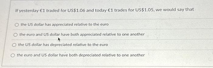 If yesterday €1 traded for US$1.06 and today €1 trades for US$1.05, we would say that
O the US dollar has appreciated relative to the euro
the euro and US dollar have both appreciated relative to one another
O the US dollar has depreciated relative to the euro
the euro and US dollar have both depreciated relative to one another
