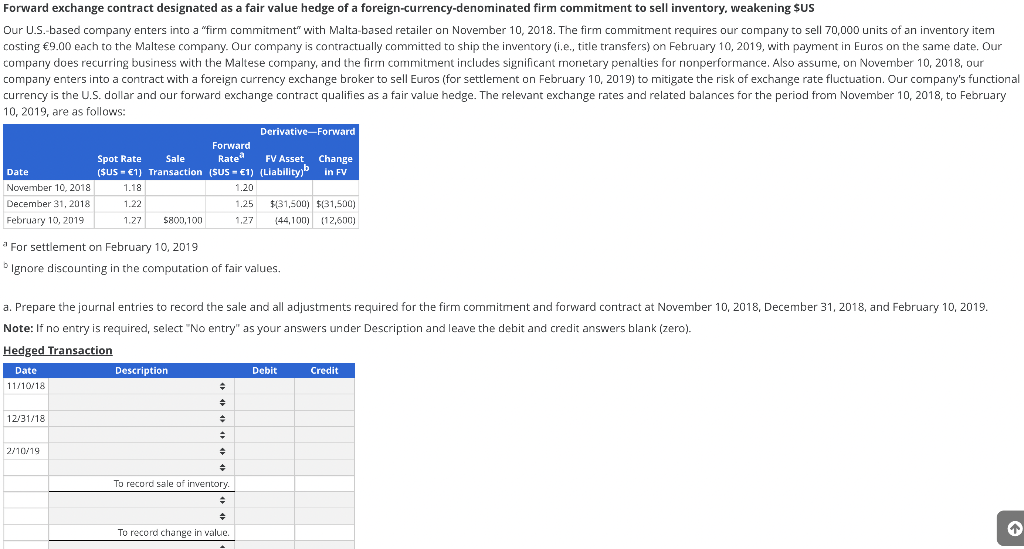 Forward exchange contract designated as a fair value hedge of a foreign-currency-denominated firm commitment to sell inventory, weakening SUS
Our U.S.-based company enters into a "firm commitment" with Malta-based retailer on November 10, 2018. The firm commitment requires our company to sell 70,000 units of an inventory item
costing €9.00 each to the Maltese company. Our company is contractually committed to ship the inventory (i.e., title transfers) on February 10, 2019, with payment in Euros on the same date. Our
company does recurring business with the Maltese company, and the firm commitment includes significant monetary penalties for nonperformance. Also assume, on November 10, 2018, our
company enters into a contract with a foreign currency exchange broker to sell Euros (for settlement on February 10, 2019) to mitigate the risk of exchange rate fluctuation. Our company's functional
currency is the U.S. dollar and our forward exchange contract qualifies as a fair value hedge. The relevant exchange rates and related balances for the period from November 10, 2018, to February
10, 2019, are as follows:
Derivative-Forward
Forward
Spot Rate
Sale
Rate
FV Asset Change
in FV
Date
($US - €1) Transaction (SUS - €1) (Liability)"
November 10, 2018
1.18
1.20
December 31, 2018
1.22
1.25
$(31,500) $(31,500)
February 10, 2019
1.27
S800,100
1.27
(44,100) (12,600)
a For settlement on February 10, 2019
Ignore discounting in the computation of fair values.
a. Prepare the journal entries to record the sale and all adjustments required for the firm commitment and forward contract at November 10, 2018, December 31, 2018, and February 10, 2019.
Note: If no entry is required, select "No entry" as your answers under Description and leave the debit and credit answers blank (zero).
Hedged Transaction
Date
Description
Debit
Credit
11/10/18
12/31/18
2/10/19
수
To record sale of inventory.
To record change in value.
