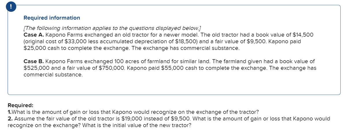 !
Required information
[The following information applies to the questions displayed below.]
Case A. Kapono Farms exchanged an old tractor for a newer model. The old tractor had a book value of $14,500
(original cost of $33,000 less accumulated depreciation of $18,500) and a fair value of $9,500. Kapono paid
$25,000 cash to complete the exchange. The exchange has commercial substance.
Case B. Kapono Farms exchanged 100 acres of farmland for similar land. The farmland given had a book value of
$525,000 and a fair value of $750,000. Kapono paid $55,000 cash to complete the exchange. The exchange has
commercial substance.
Required:
1.What is the amount of gain or loss that Kapono would recognize on the exchange of the tractor?
2. Assume the fair value of the old tractor is $19,000 instead of $9,50O. What is the amount of gain or loss that Kapono would
recognize on the exchange? What is the initial value of the new tractor?
