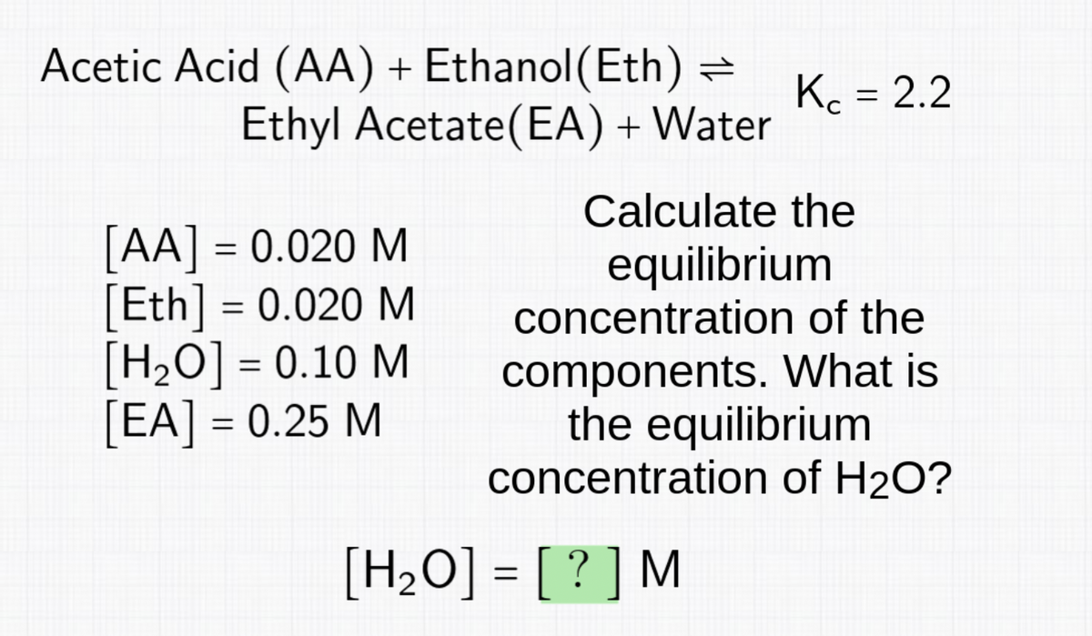 Acetic Acid (AA) + Ethanol(Eth) =
Ethyl Acetate (EA) + Water
[AA] = 0.020 M
[Eth] = 0.020 M
[H₂O] = 0.10 M
[EA] = 0.25 M
Kc = 2.2
Calculate the
equilibrium
concentration of the
components. What is
the equilibrium
concentration of H₂O?
[H₂O] = [?] M